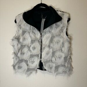 Matti Mamane Black White Fuzzy Front Fringe Sleeveless Zipper Vest Womens Sz M